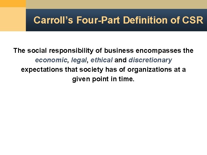 Carroll’s Four-Part Definition of CSR The social responsibility of business encompasses the economic, legal,