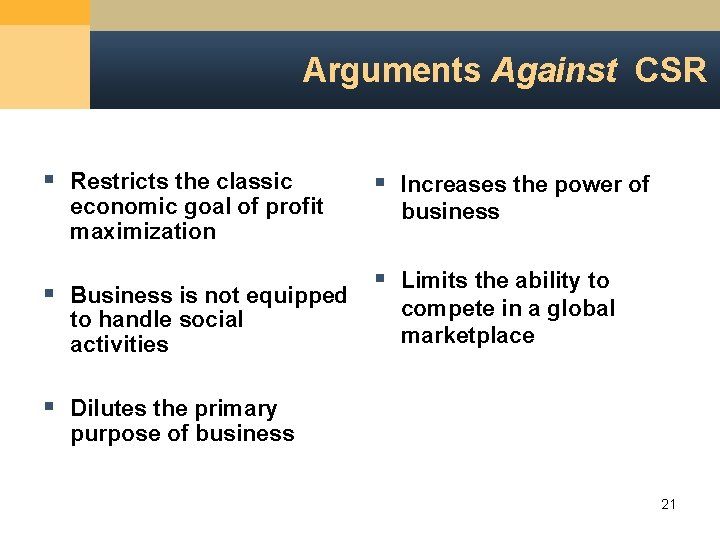Arguments Against CSR § Restricts the classic economic goal of profit maximization § Business