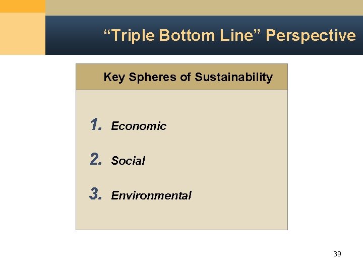 “Triple Bottom Line” Perspective Key Spheres of Sustainability 1. Economic 2. Social 3. Environmental