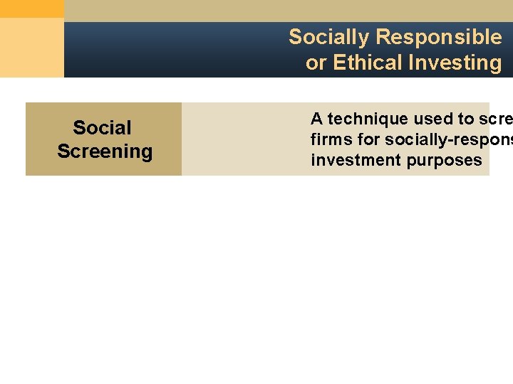 Socially Responsible or Ethical Investing Social Screening A technique used to scre firms for