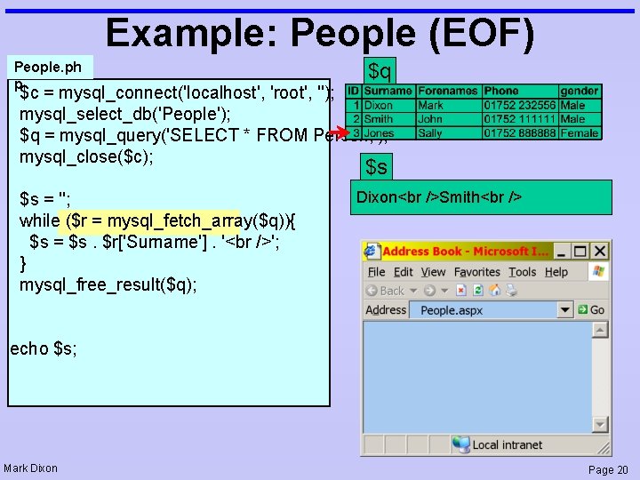 Example: People (EOF) People. ph p $q $c = mysql_connect('localhost', 'root', ''); mysql_select_db('People'); $q
