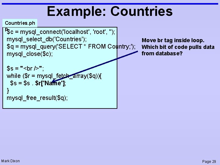 Example: Countries. ph p $c = mysql_connect('localhost', 'root', ''); mysql_select_db('Countries'); Move br tag inside