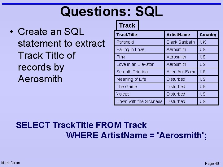 Questions: SQL • Create an SQL statement to extract Track Title of records by