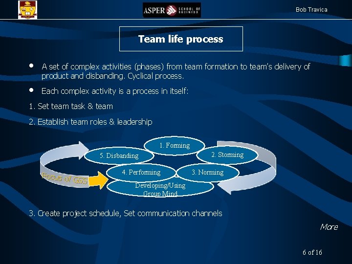 Bob Travica Team life process • • A set of complex activities (phases) from