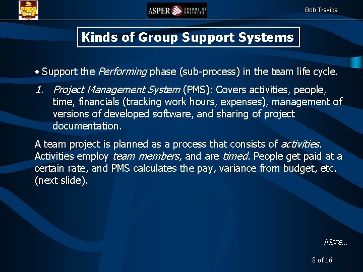 Bob Travica Kinds of Group Support Systems • Support the Performing phase (sub-process) in