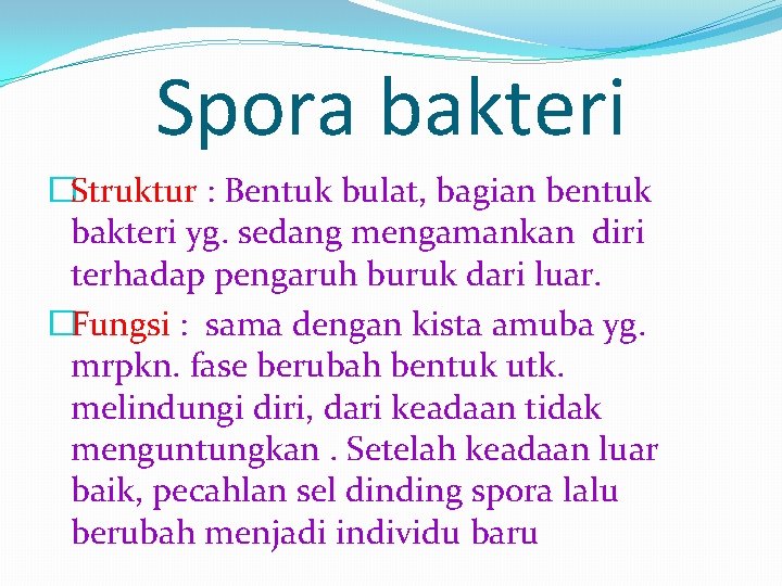 Spora bakteri �Struktur : Bentuk bulat, bagian bentuk bakteri yg. sedang mengamankan diri terhadap