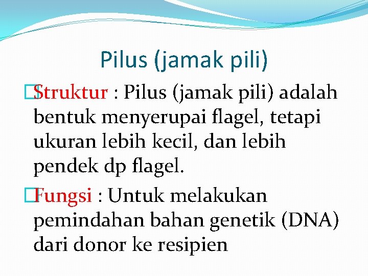 Pilus (jamak pili) �Struktur : Pilus (jamak pili) adalah bentuk menyerupai flagel, tetapi ukuran