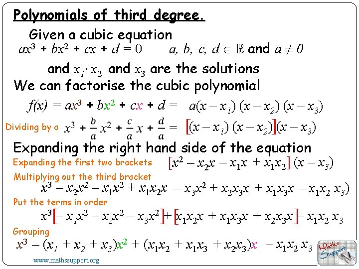 Polynomials of third degree. Given a cubic equation ax 3 + bx 2 +