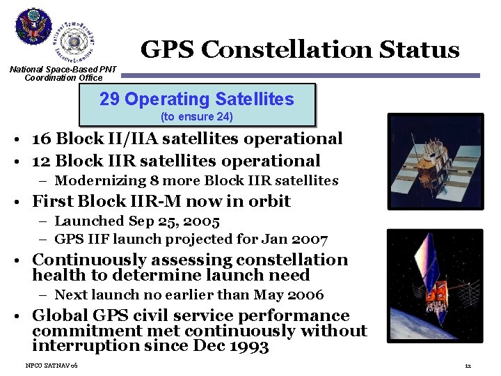 GPS Constellation Status National Space-Based PNT Coordination Office 29 Operating Satellites (to ensure 24)