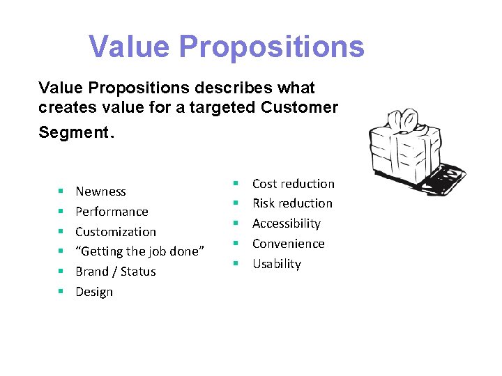 Value Propositions describes what creates value for a targeted Customer Segment. § § §