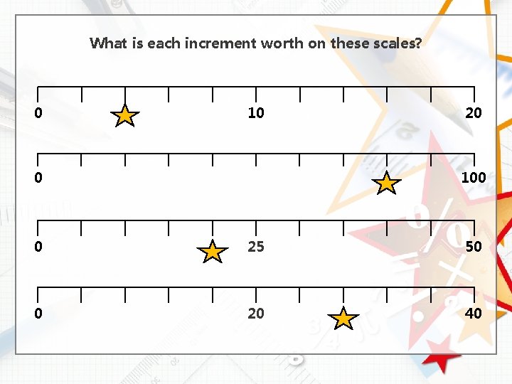 What is each increment worth on these scales? 0 10 0 20 100 0