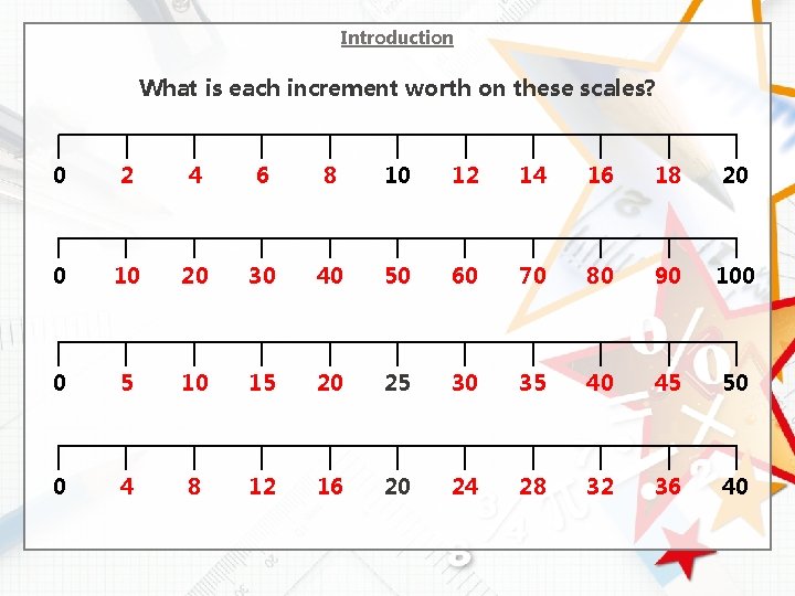 Introduction What is each increment worth on these scales? 0 2 4 6 8