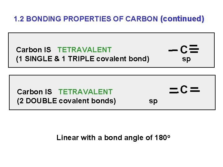 1. 2 BONDING PROPERTIES OF CARBON (continued) Carbon IS TETRAVALENT (1 SINGLE & 1