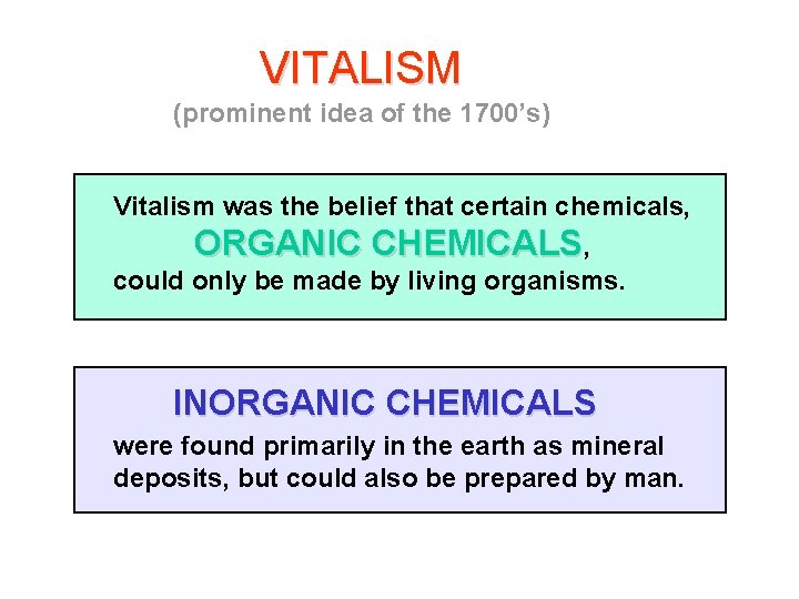 VITALISM (prominent idea of the 1700’s) Vitalism was the belief that certain chemicals, ORGANIC