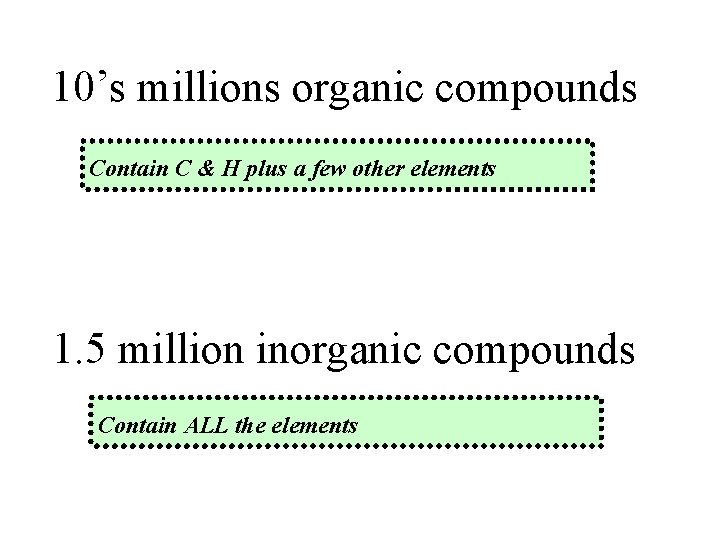 10’s millions organic compounds Contain C & H plus a few other elements 1.