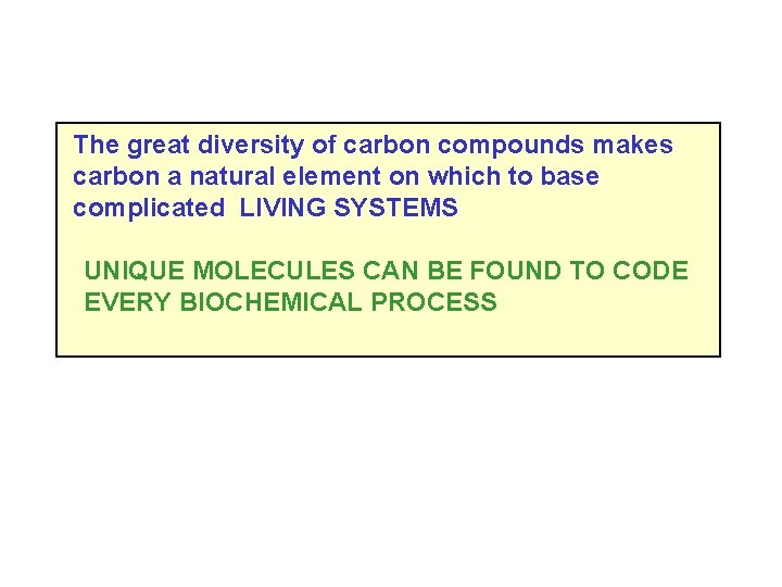 The great diversity of carbon compounds makes carbon a natural element on which to