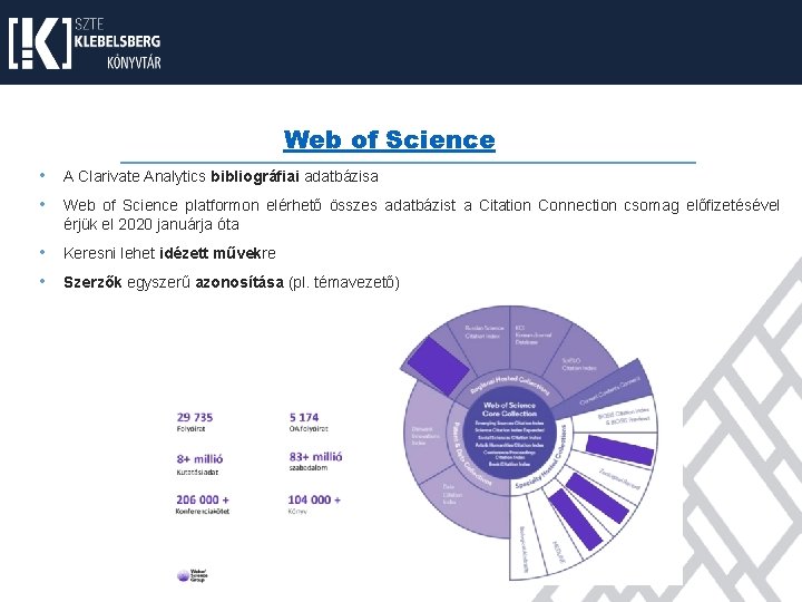 Web of Science • A Clarivate Analytics bibliográfiai adatbázisa • Web of Science platformon