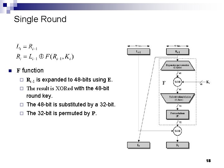 Single Round n F function ¨ Ri-1 is expanded to 48 -bits using E.