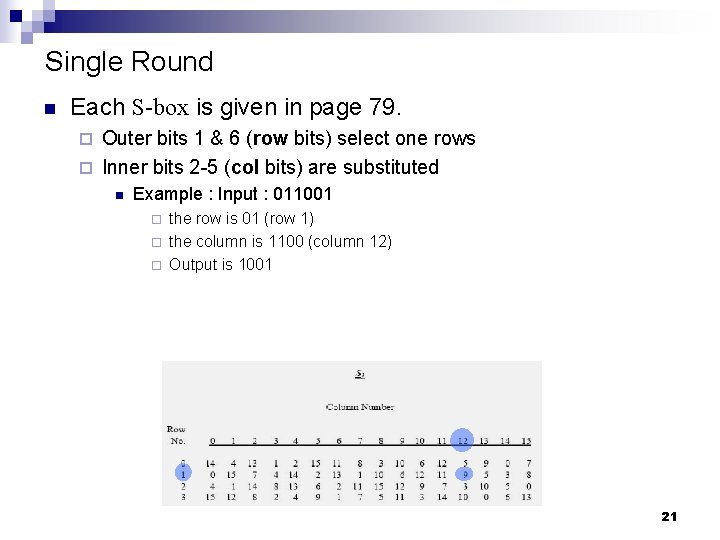 Single Round n Each S-box is given in page 79. Outer bits 1 &