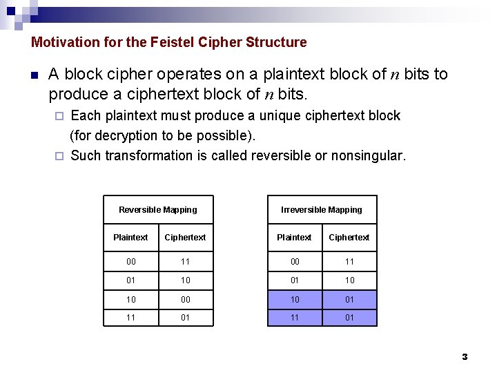 Motivation for the Feistel Cipher Structure n A block cipher operates on a plaintext