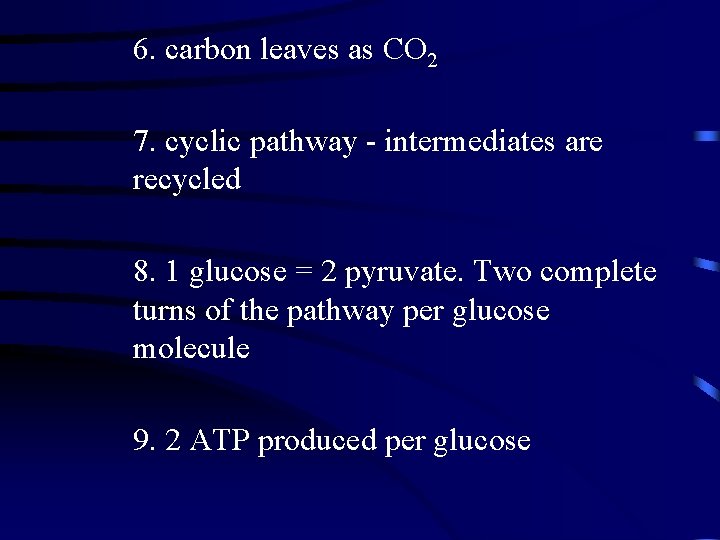 6. carbon leaves as CO 2 7. cyclic pathway - intermediates are recycled 8.