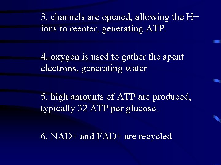 3. channels are opened, allowing the H+ ions to reenter, generating ATP. 4. oxygen