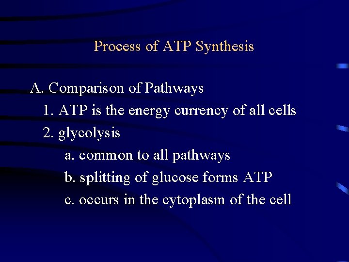 Process of ATP Synthesis A. Comparison of Pathways 1. ATP is the energy currency