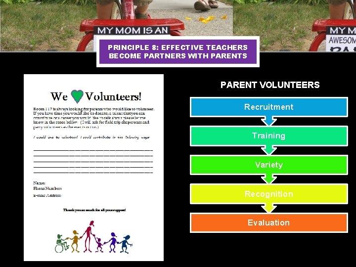 PRINCIPLE 8: EFFECTIVE TEACHERS BECOME PARTNERS WITH PARENTS PARENT VOLUNTEERS Recruitment Training Variety Recognition PRINCIPLE 8: EFFECTIVE TEACHERS BECOME PARTNERS WITH PARENTS PARENT VOLUNTEERS Recruitment Training Variety Recognition