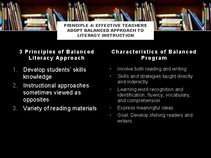 PRINCIPLE 4: EFFECTIVE TEACHERS ADOPT BALANCED APPROACH TO LITERACY INSTRUCTION 3 Principles of Balanced PRINCIPLE 4: EFFECTIVE TEACHERS ADOPT BALANCED APPROACH TO LITERACY INSTRUCTION 3 Principles of Balanced