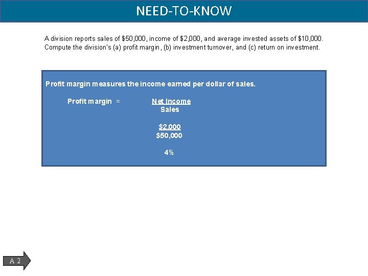 NEED-TO-KNOW A division reports sales of $50, 000, income of $2, 000, and average
