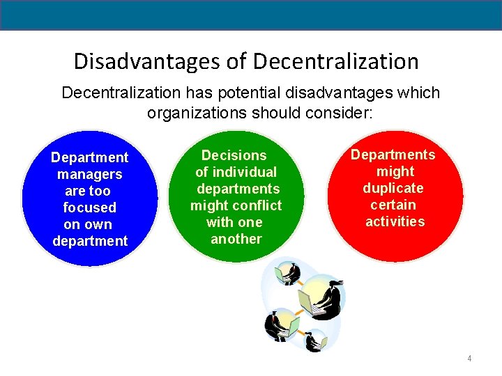 Disadvantages of Decentralization has potential disadvantages which organizations should consider: Department managers are too