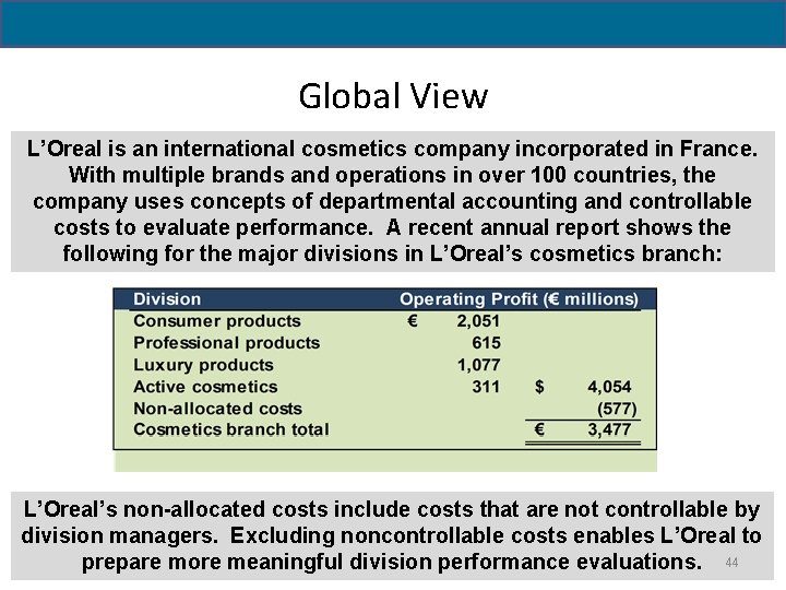 Global View L’Oreal is an international cosmetics company incorporated in France. With multiple brands