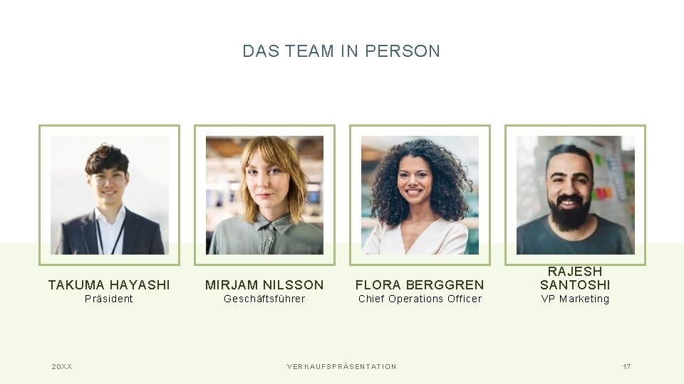 DAS TEAM IN PERSON TAKUMA HAYASHI MIRJAM NILSSON FLORA BERGGREN RAJESH SANTOSHI Präsident Geschäftsführer