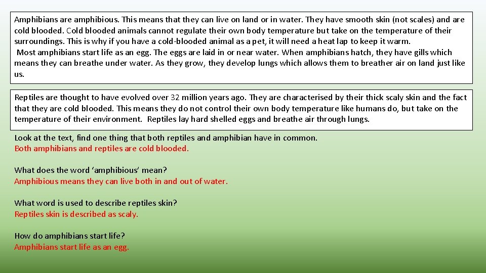 Amphibians are amphibious. This means that they can live on land or in water.