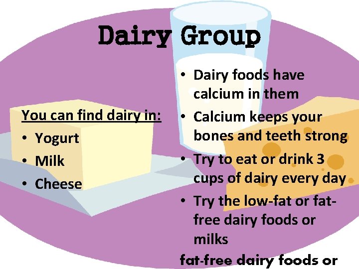 Dairy Group You can find dairy in: • Yogurt • Milk • Cheese •