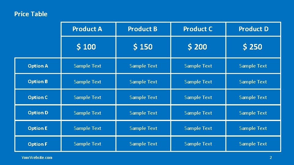 Price Table Product A Product B Product C Product D $ 100 $ 150
