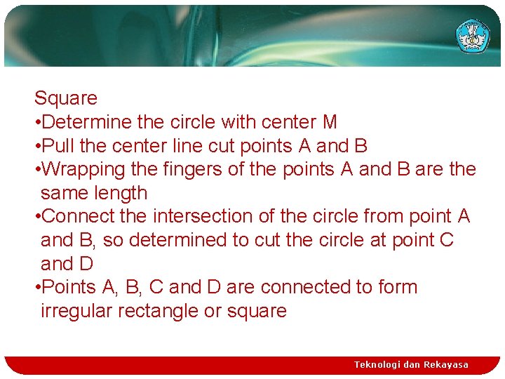 Square • Determine the circle with center M • Pull the center line cut