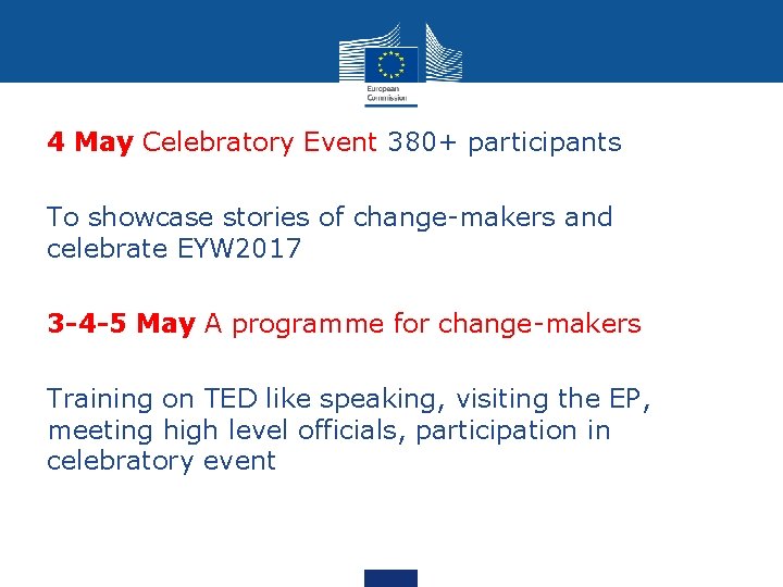 4 May Celebratory Event 380+ participants To showcase stories of change-makers and celebrate EYW