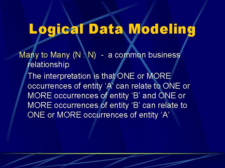 Logical Data Modeling Many to Many (N : N) - a common business relationship Logical Data Modeling Many to Many (N : N) - a common business relationship