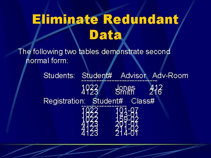 Eliminate Redundant Data The following two tables demonstrate second normal form: Students: Student# Advisor Eliminate Redundant Data The following two tables demonstrate second normal form: Students: Student# Advisor