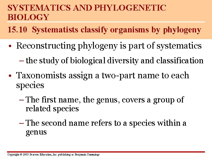 SYSTEMATICS AND PHYLOGENETIC BIOLOGY 15. 10 Systematists classify organisms by phylogeny • Reconstructing phylogeny
