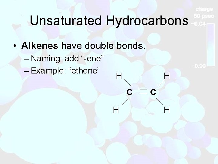 Unsaturated Hydrocarbons • Alkenes have double bonds. – Naming: add “-ene” – Example: “ethene”