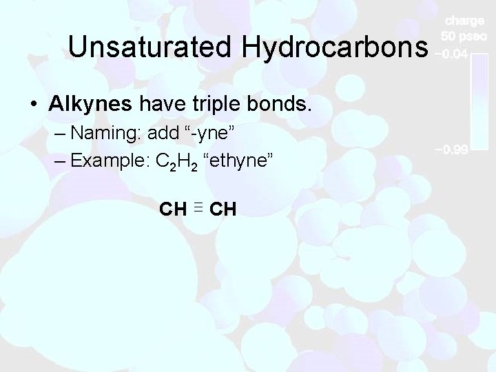 Unsaturated Hydrocarbons • Alkynes have triple bonds. – Naming: add “-yne” – Example: C
