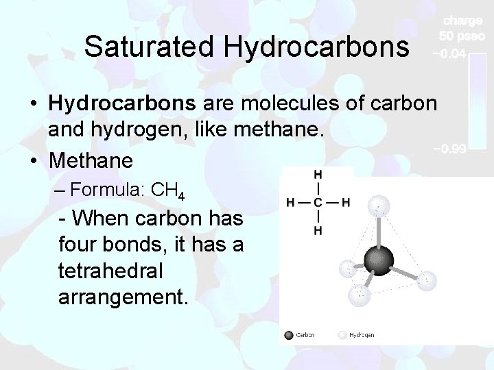 Saturated Hydrocarbons • Hydrocarbons are molecules of carbon and hydrogen, like methane. • Methane