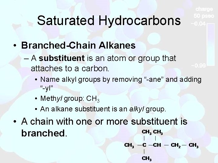 Saturated Hydrocarbons • Branched-Chain Alkanes – A substituent is an atom or group that
