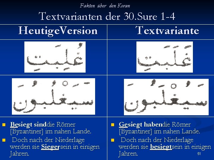 Fakten über den Koran Textvarianten der 30. Sure 1 -4 Heutige. Version Textvariante n