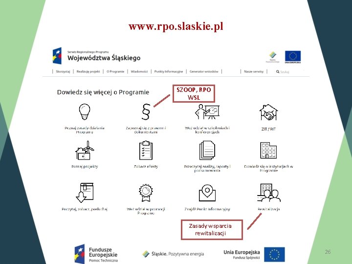 www. rpo. slaskie. pl SZOOP, RPO WSL Zasady wsparcia rewitalizacji 26 