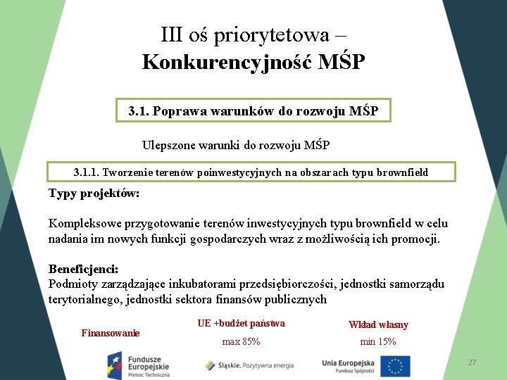 III oś priorytetowa – Konkurencyjność MŚP 3. 1. Poprawa warunków do rozwoju MŚP Ulepszone