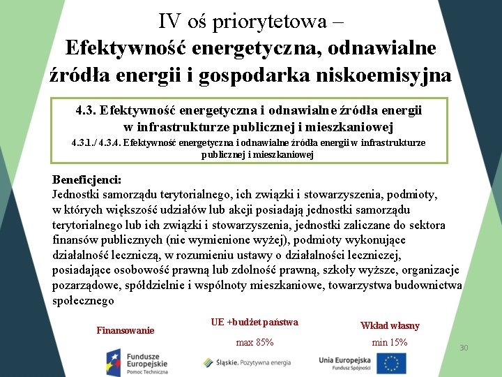 IV oś priorytetowa – Efektywność energetyczna, odnawialne źródła energii i gospodarka niskoemisyjna 4. 3.