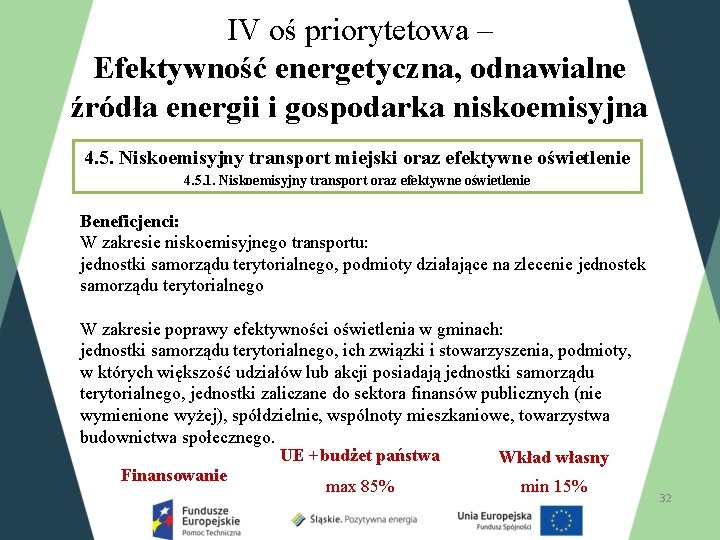 IV oś priorytetowa – Efektywność energetyczna, odnawialne źródła energii i gospodarka niskoemisyjna 4. 5.